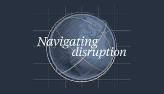 A globe with lines orbiting it, with the conference theme 'navigating disruption' on it.