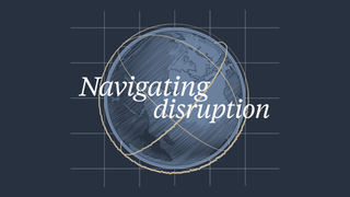 A globe with lines orbiting it, with the conference theme 'navigating disruption' on it.