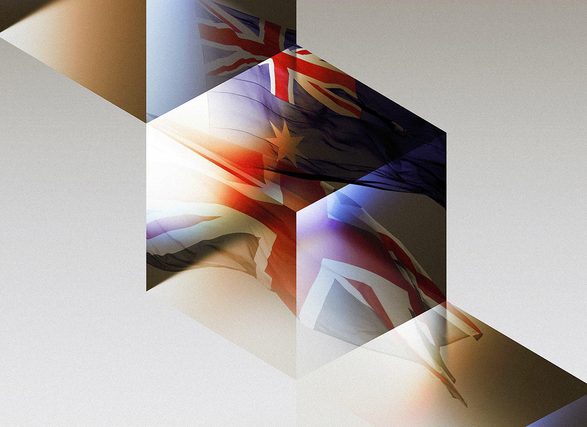 UK and Australian Flags embedded into an abstract cube stack.