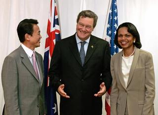 Australian Foreign Minister Alexander Downer with Japanese Foreign Minister Tarō Asō and US Secretary of State Condoleezza Rice at trilateral talks in Sydney, 2006