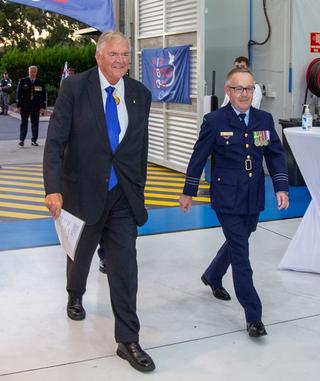Governor of Western Australia Kim Beazley and Senior Australian Defence Force Officer, Wing Commander Andrew Brandham, arrive at the Centenary of the Royal Australian Air Force Commemoration event at Perth Airport, March 2021
