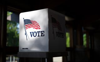 A ballot box sits ready to be used aa Prairie Oak Lodge is used as a polling place on June 2, 2026 in Marion, Iowa.