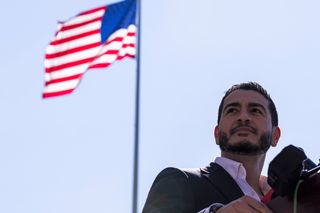 Michigan Democratic Senate primary winner Abdul El-Sayed speaks during a press conference in front of the Spirit of Detroit statue on August 05, 2026 in Detroit, Michigan. Sayed called on Michiganders to unite against Mike Rodgers as well as challenging him to multiple debates.