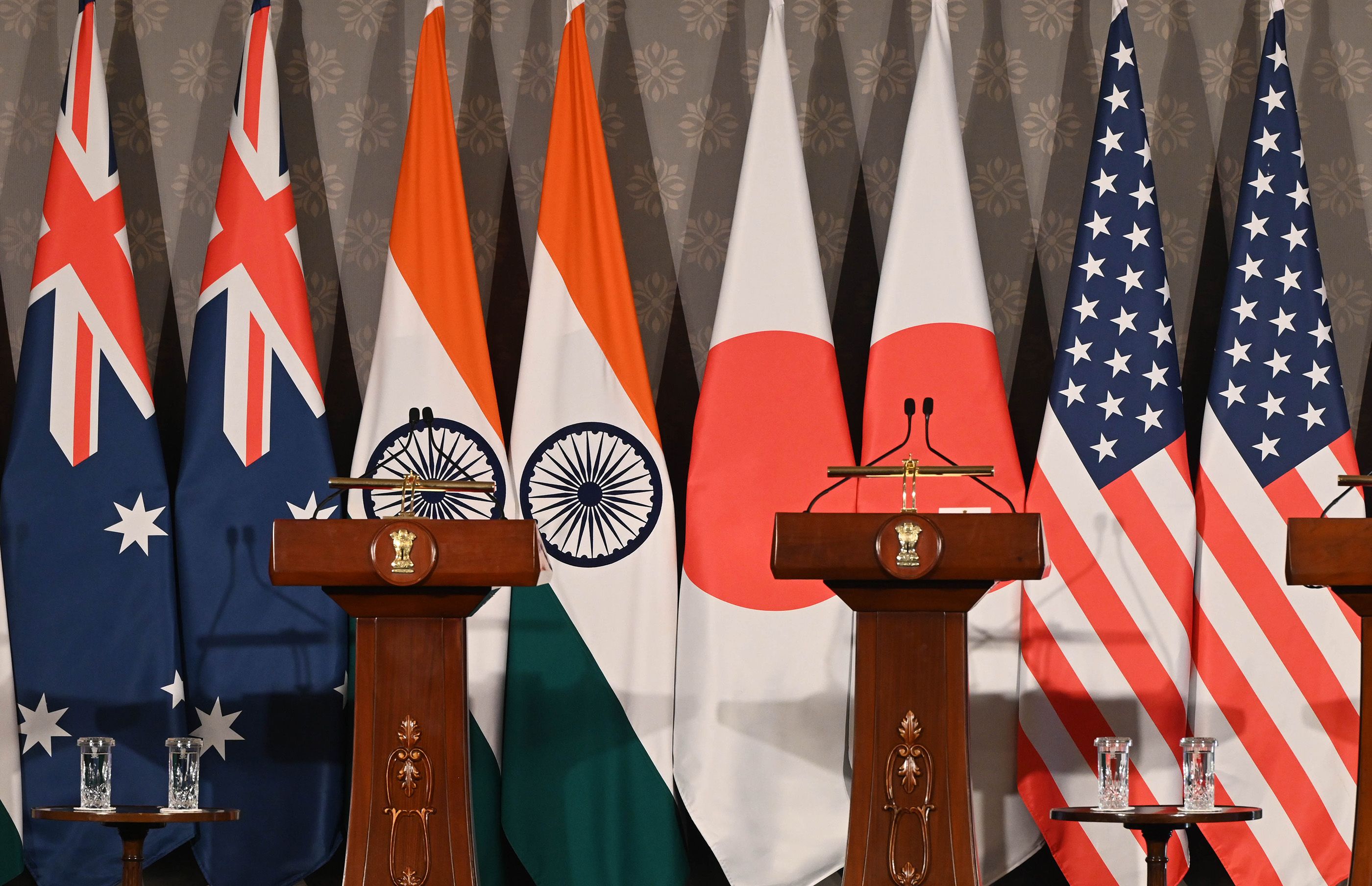 National flags of Australia, India, Japan and the United States following the conclusion of the 11th Quad Foreign Ministers' Meeting at Hyderabad House in New Delhi, May 2026. 