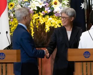 India’s External Affairs Minister Subrahmanyam Jaishankar and Australia’s Foreign Minister Penny Wong shake hands at a press conference for the Quad Foreign Ministers’ Meeting in Tokyo, July 2024.