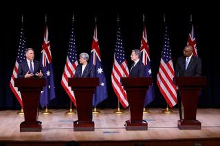 Australian Deputy Prime Minister and Minister for Defence Richard Marles, Australian Foreign Minister Penny Wong, US Secretary of State Antony Blinken and Secretary of Defense Lloyd Austin hold a joint news conference during the Australia-US Ministerial Consultations in Annapolis, August 2024.