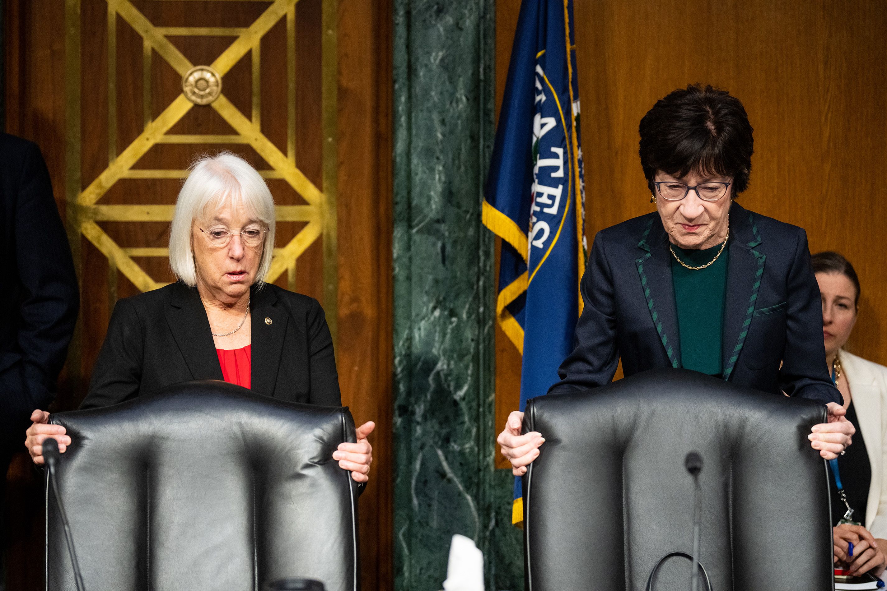 Chairwoman Sen. Patty Murray, D-Wash., left, and vice chair Sen. Susan Collins, R-Maine, take their seats before the start of the Senate Appropriations Committee hearing
