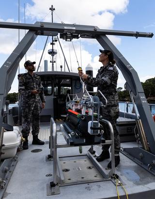 The Sea Fox expendable mine neutralisation system on board a Mine Counter Measure Support Boat at HMAS Waterhen in Sydney