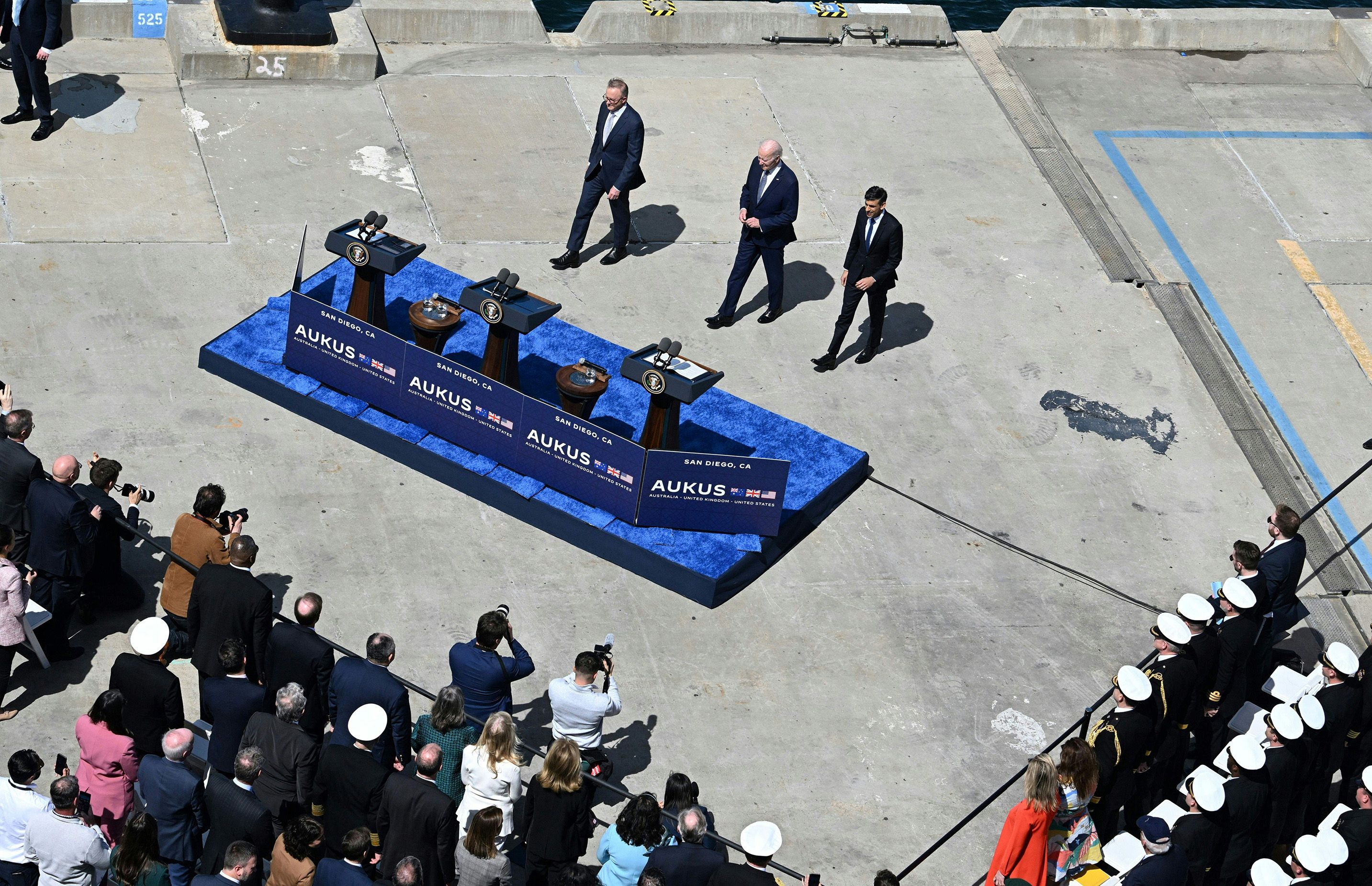 Australian Prime Minister Anthony Albanese, US President Joe Biden and British Prime Minister Rishi Sunak arrive at a press conference during the AUKUS summit in San Diego, March 2023