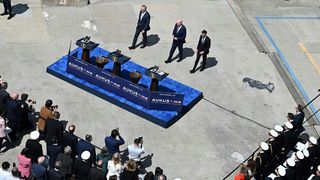 Australian Prime Minister Anthony Albanese, US President Joe Biden and British Prime Minister Rishi Sunak arrive at a press conference during the AUKUS summit in San Diego, March 2023