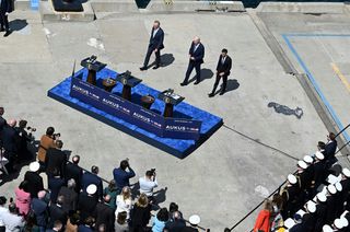 Australian Prime Minister Anthony Albanese, US President Joe Biden and British Prime Minister Rishi Sunak arrive at a press conference during the AUKUS summit in San Diego, March 2023