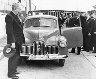 Australian Prime Minister Ben Chifley with the first Holden FX off the assembly line at the General Motors-Holden factory at Fisherman’s Bend in Melbourne, 1948. It was the first mass-produced Australian-made car, developed in conjunction with the US company, General Motors.