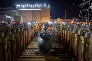 The Virginia-class submarine Iowa sits in a graving dock at the Electric Boat shipyard in Groton, Connecticut, August 2023.