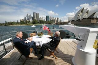 President George W. Bush and Prime Minister John Howard aboard the Age Quod Agis during a tour of Sydney Harbour, September 2007