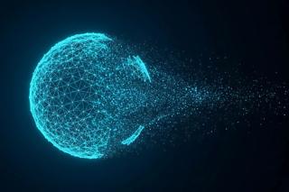 Disintegrating glowing digital globe made of particles and mesh