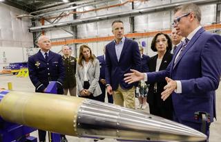 Chief of Guided Weapons and Explosive Ordnance Air Marshal Leon Phillips, Premier of South Australia Peter Malinauskas, Vice President of Tactical Missiles at Lockheed Martin Paula Hartley and Minister for Defence Industry Pat Conroy at the opening of a new missile assembly facility in South Australia, December 2025