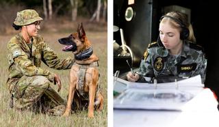 L: Australian Army Private Beata Wawrzynowicz and Military Police dog Azura, from the 1st Military Police Battalion, during Exercise Talisman Sabre, 2021; R: Able Seaman Tamara Shingles communicates with ships in company on the HMAS Brisbane during Exercise Talisman Sabre in 2021, the largest bilateral training activity between the Australian Defence Force and US military