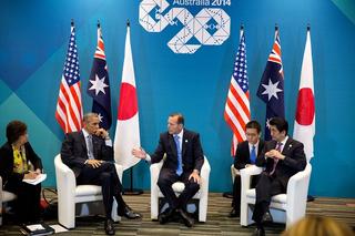 Prime Minister Tony Abbott with President Barack Obama and Japanese Prime Minister Shinzo Abe at the G20 Summit in Australia, 2014