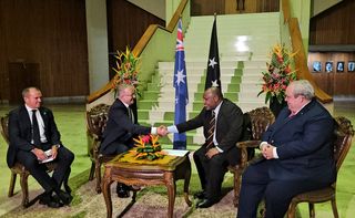 Australia’s Prime Minister Anthony Albanese shaking hands with Papua New Guinea’s Prime Minister James Marape at National Parliament House, Port Moresby, April 2024.