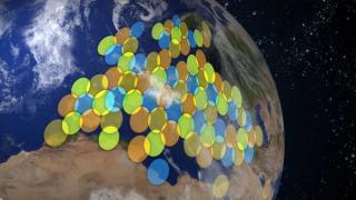 KA-SAT coverage over Europe and the Mediterranean Basin (different colors show frequency reuse).