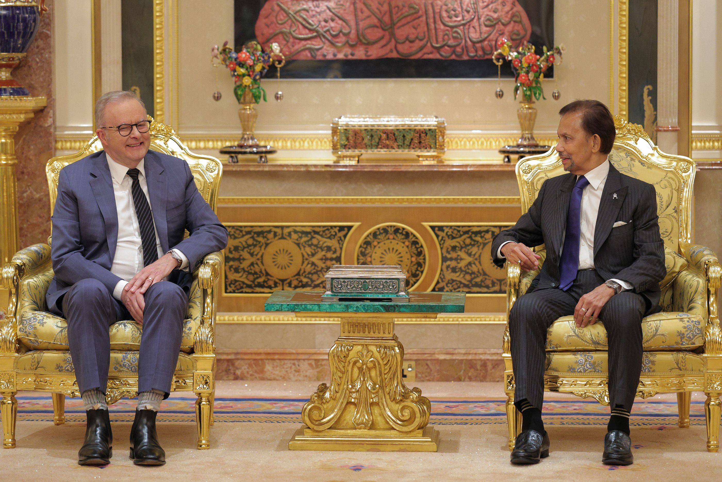 Australia's Prime Minister Anthony Albanese sits with Brunei's Sultan Hassanal Bolkiah to discuss energy and food security, April 2026.