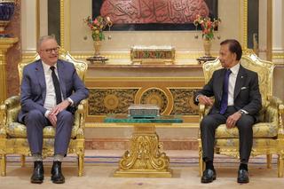 Australia's Prime Minister Anthony Albanese sits with Brunei's Sultan Hassanal Bolkiah to discuss energy and food security, April 2026.