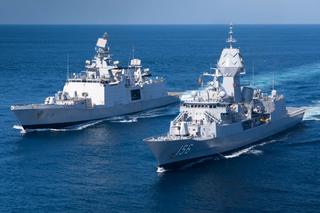 Indian Navy ship INS Sahyadri and HMAS Toowoomba conduct replenishment at sea approaches as part of a cooperative activity in the Timor Sea