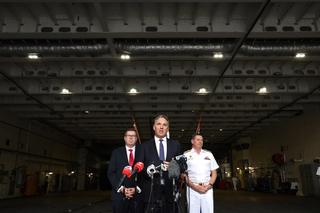 Minister for Defence Industry Pat Conroy, Minister for Defence Richard Marles and Chief of the Australian Navy Mark Hammond during a press conference aboard the Australian Navy ship HMAS Canberra in Sydney, February 2024.