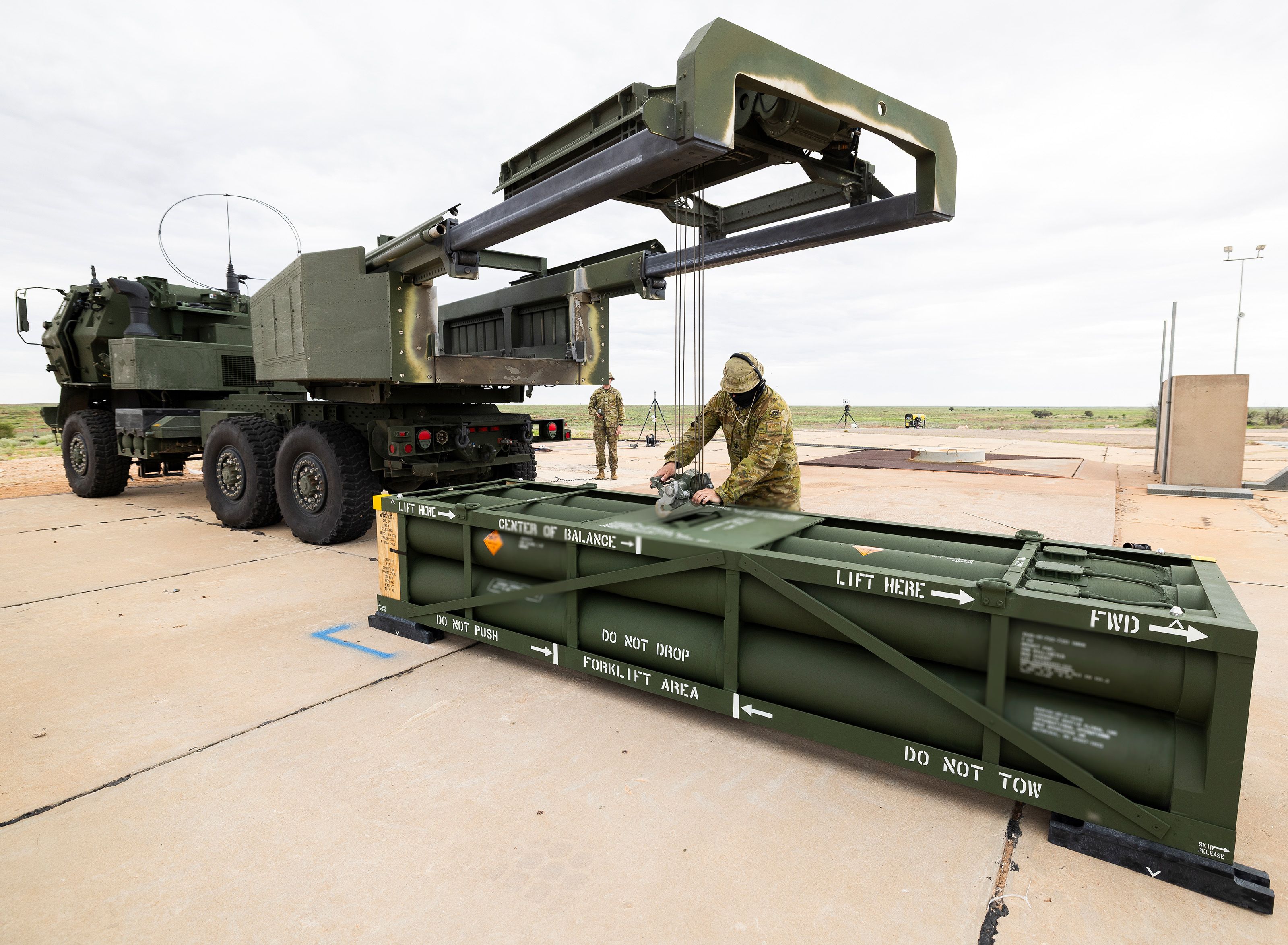 The first Australian-manufactured Guided Multiple Launch Rocket System missiles are test fired at the Woomera Test Range in South Australia, 9 April 2026