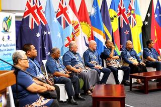 This photo taken on September 10, 2025, shows leaders of Pacific Islands nations sitting together during the Pacific Islands Forum summit in Honiara, the capital of the Solomon Islands. Pacific Islands leaders opened an influential summit in the Solomons on September 10, with nations split over China's growing role in the region and alleged meddling in the meeting. (Photo by BEN STRANG / AFP)