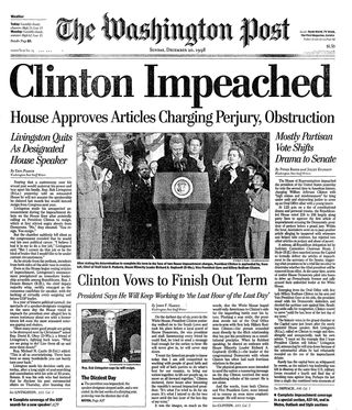 The front page of The Washington Post on 20 December 1998, the day after President Bill Clinton was impeached by the House of Representatives