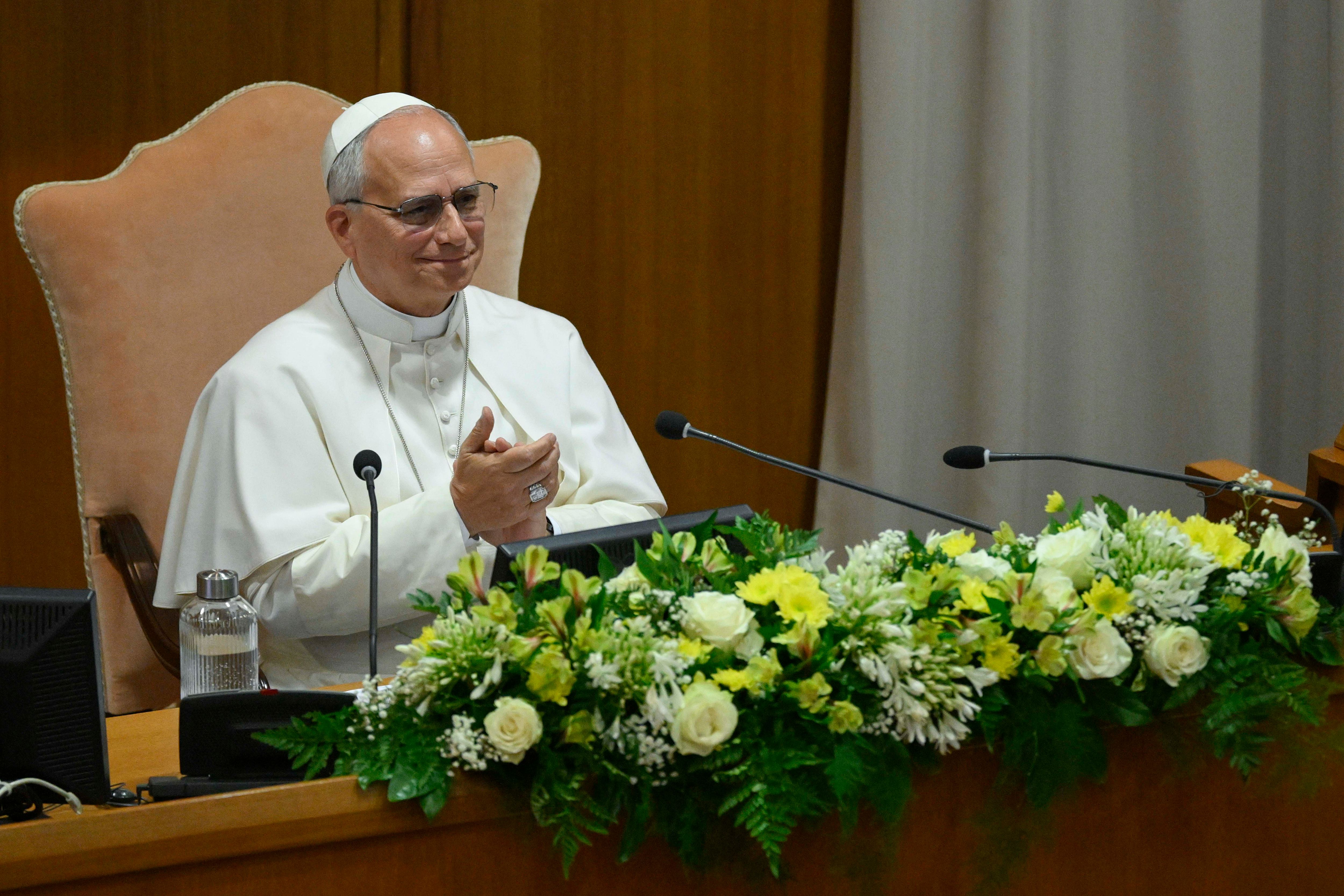 Pope Leo XIV attends the presentation of his first Encyclical Letter "Magnifica humanitas" at the Synod Hall on May 25, 2026 in Vatican City, Vatican.