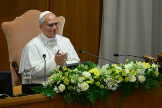 Pope Leo XIV attends the presentation of his first Encyclical Letter "Magnifica humanitas" at the Synod Hall on May 25, 2026 in Vatican City, Vatican.