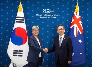 Australia’s Foreign Minister Penny Wong shakes hands with South Korea’s Foreign Minister Cho Tae-yul prior to their meeting at the Ministry of Foreign Affairs in Seoul, July 2024.