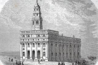 Historic, digitally restored reproduction from a 19th century original, The original Nauvoo Temple, a temple of The Church of Jesus Christ of Latter-day Saints in Nauvoo