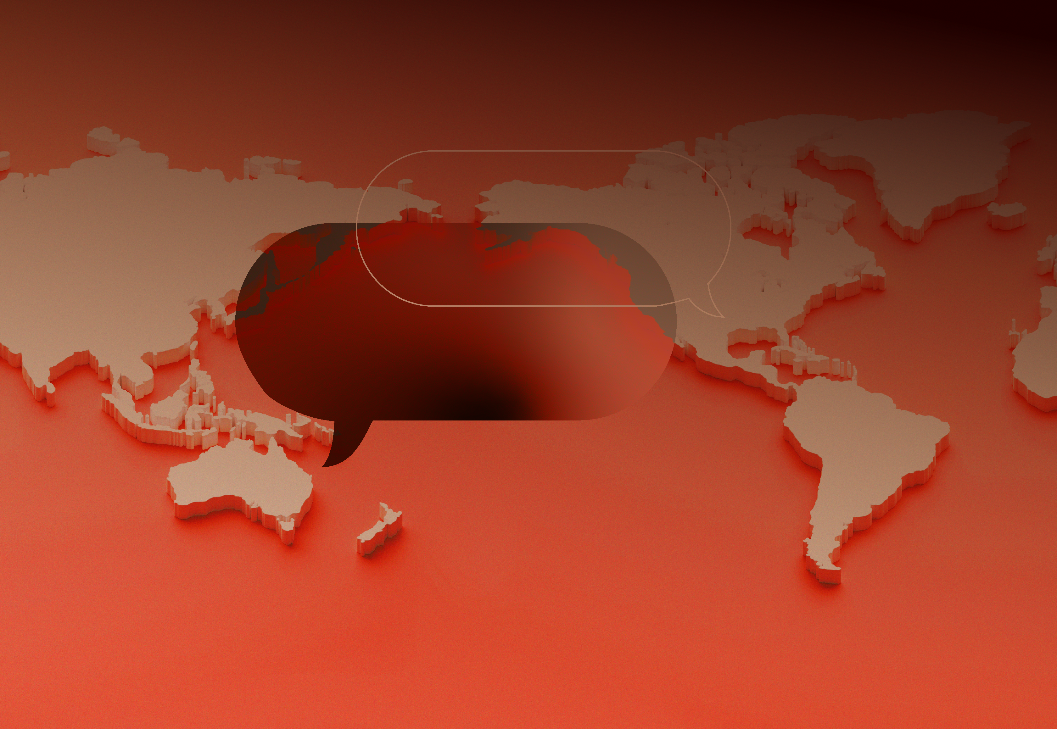 Map of the world with speech bubbles overlayed.