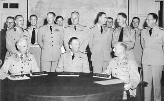 Seated from left: Australian Chief of General Staff, Lieutenant General SF Rowell; US Commander in Chief, Pacific, Admiral AW Radford; and New Zealand Chief of General Staff, Major General WG Gentry in Hawaii, 1952