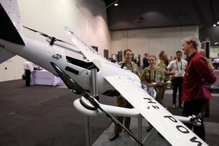 A hydrogen-powered, unmanned aerial vehicle on display as part of the Army Robotics Expo at the Chief of Army Symposium 2023 in Perth.