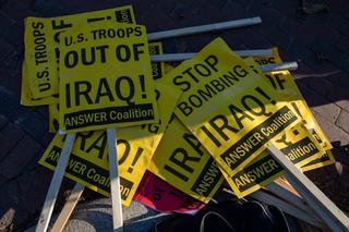 Spare signs are piled on the sidewalk outside of the White House on January 8, 2020 in Washington, DC.