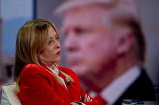 A photo of the U.S. President Donald Trump is displayed on the screen as Prime Minister of Italy Giorgia Meloni speaks on the "Porta A Porta" TV Show - 30th Anniversary TV show at Rai Studios on January 21, 2026 in Rome, Italy.