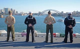 Sailors and Marines man the rails as the USS Bonhomme Richard pulls into Sydney Harbour as part of a port visit, June 2017