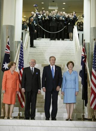 President George W Bush and wife Laura with Prime Minister John Howard and wife Janette at Parliament House, Canberra, 23 October 2003