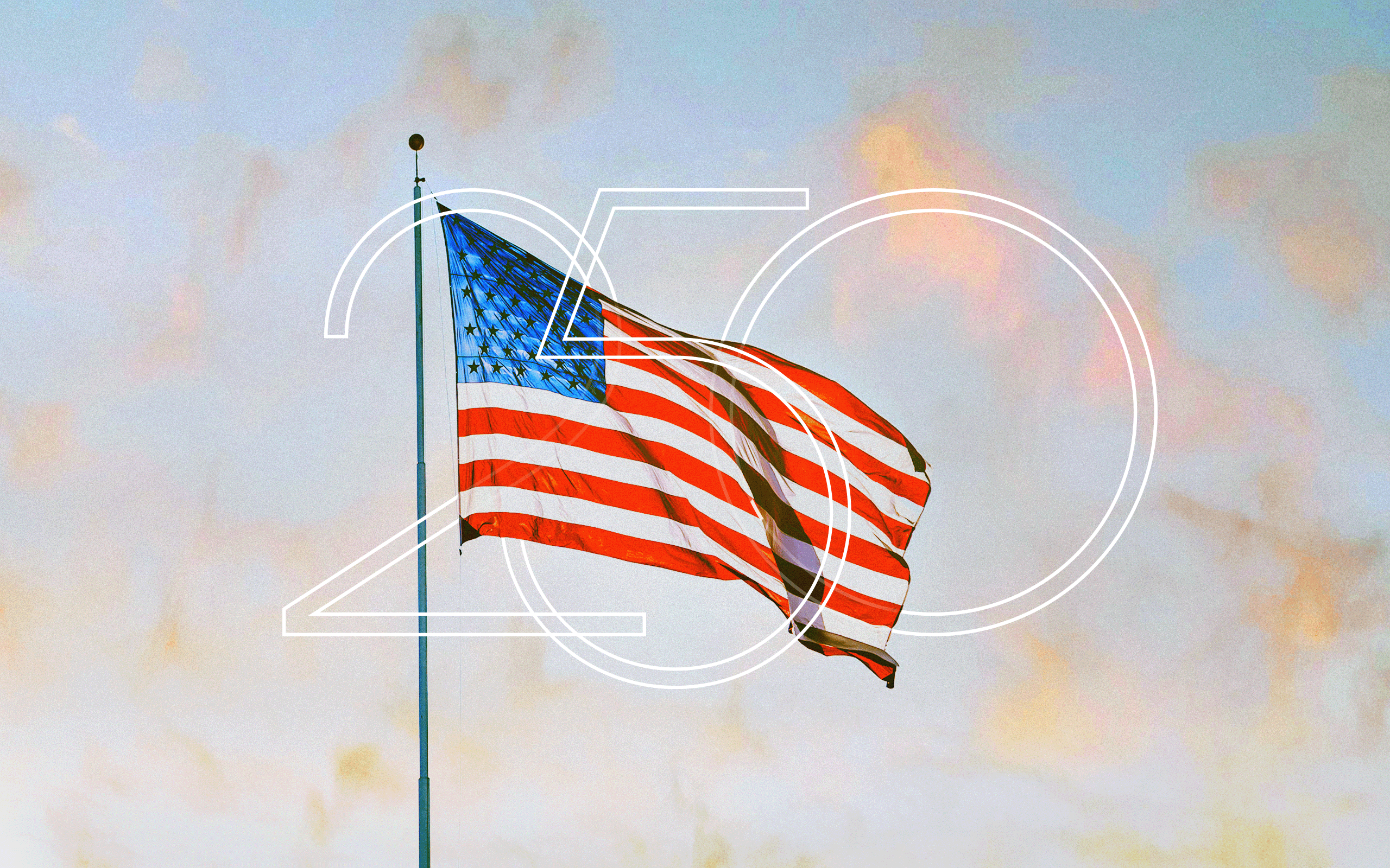 American flag at sunrise or sunset, with '250' monogram 