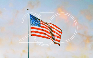 American flag at sunrise or sunset, with '250' monogram 