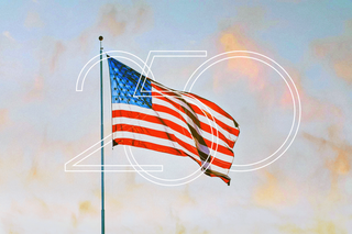 American flag at sunrise or sunset, with '250' monogram