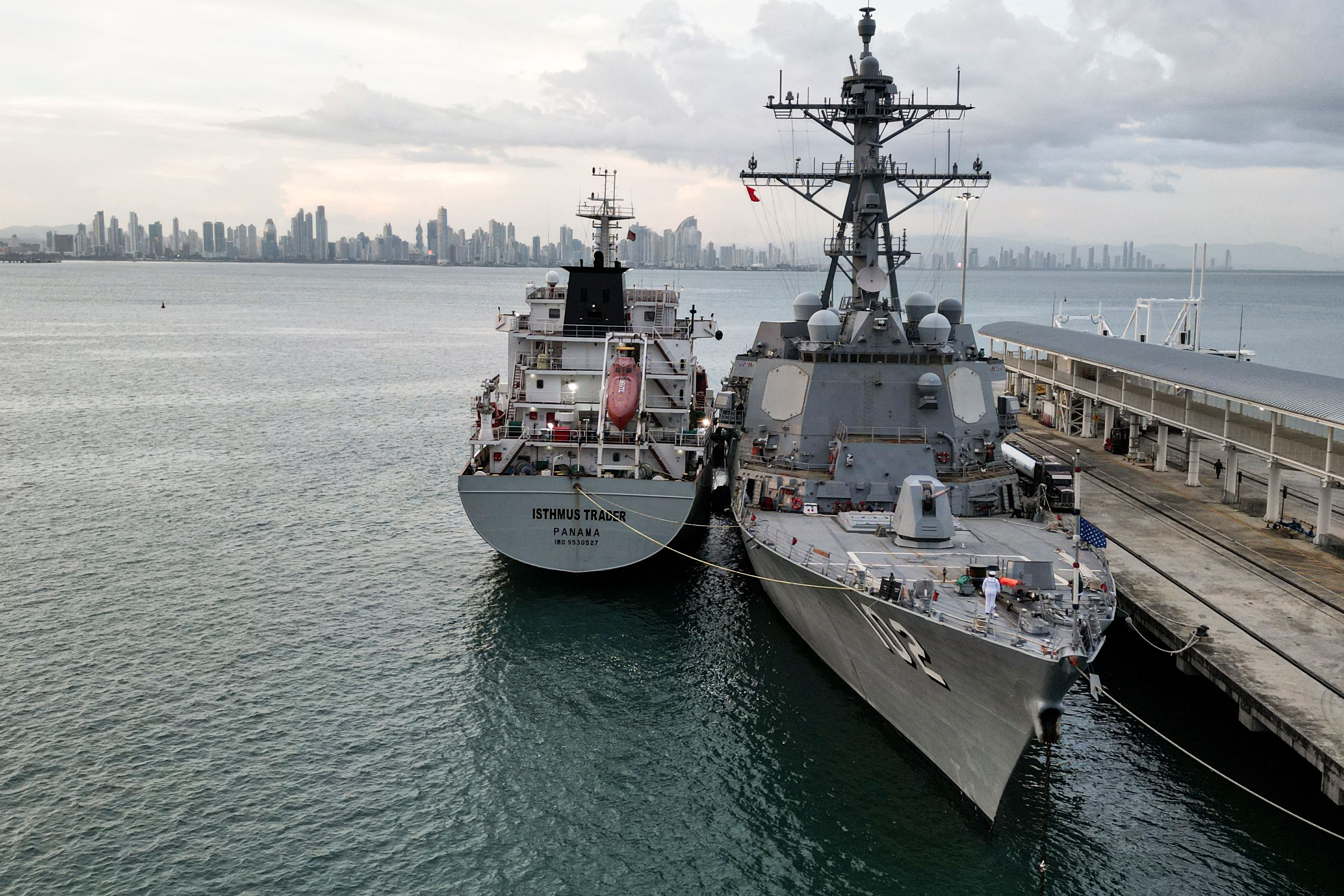 The US Navy warship USS Sampson docks at the Amador International Cruise Terminal in Panama City, August 2025.