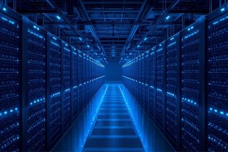 Futuristic server room with glowing blue servers and data storage racks