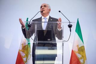 Reza Pahlavi, the eldest son of the last Shah of Iran, gestures as he addresses the media during a press conference on June 23, 2025 in Paris, France.