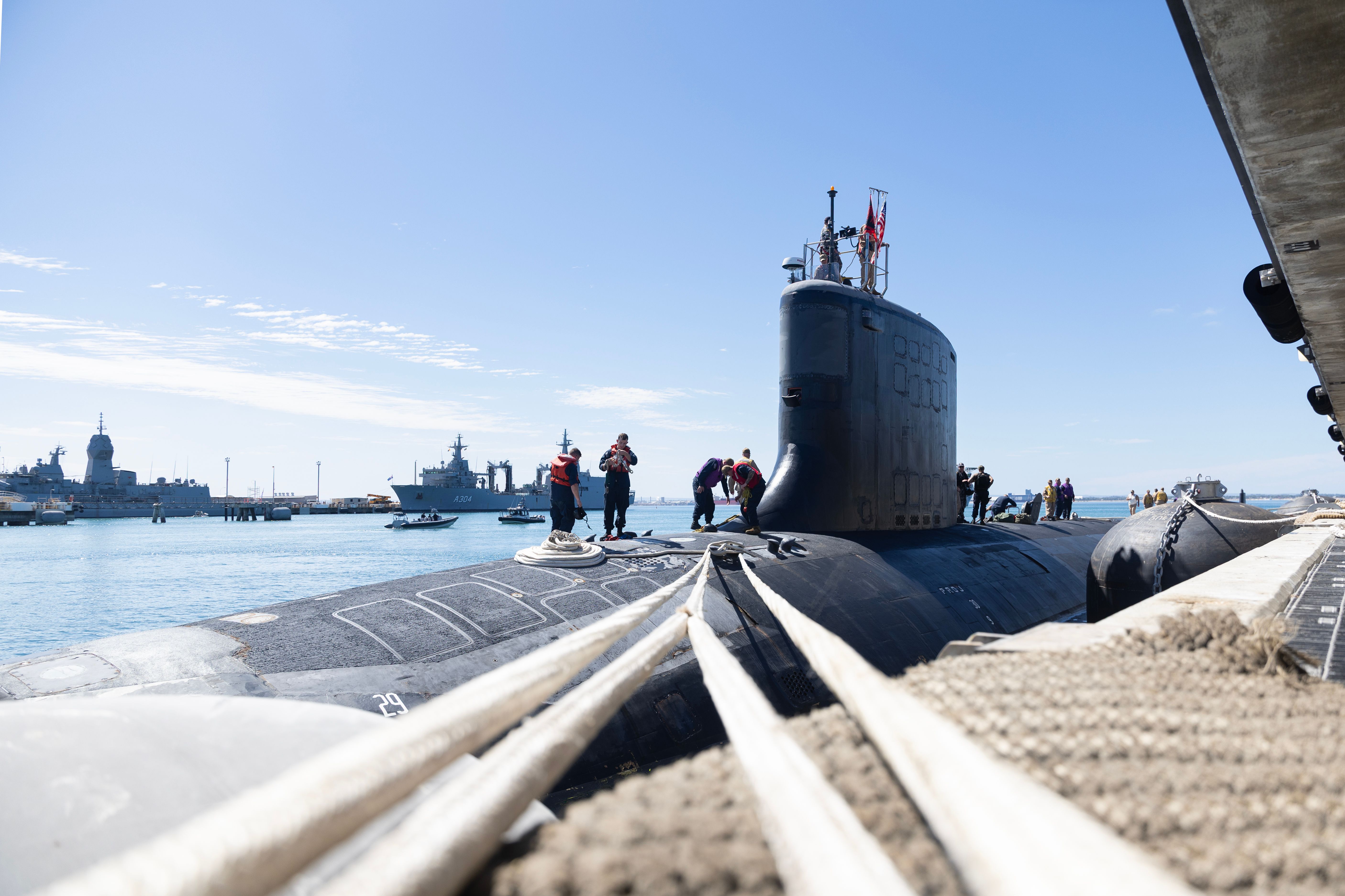 United States Navy Virginia-class submarine USS Minnesota alongside Fleet Base West in Western Australia.