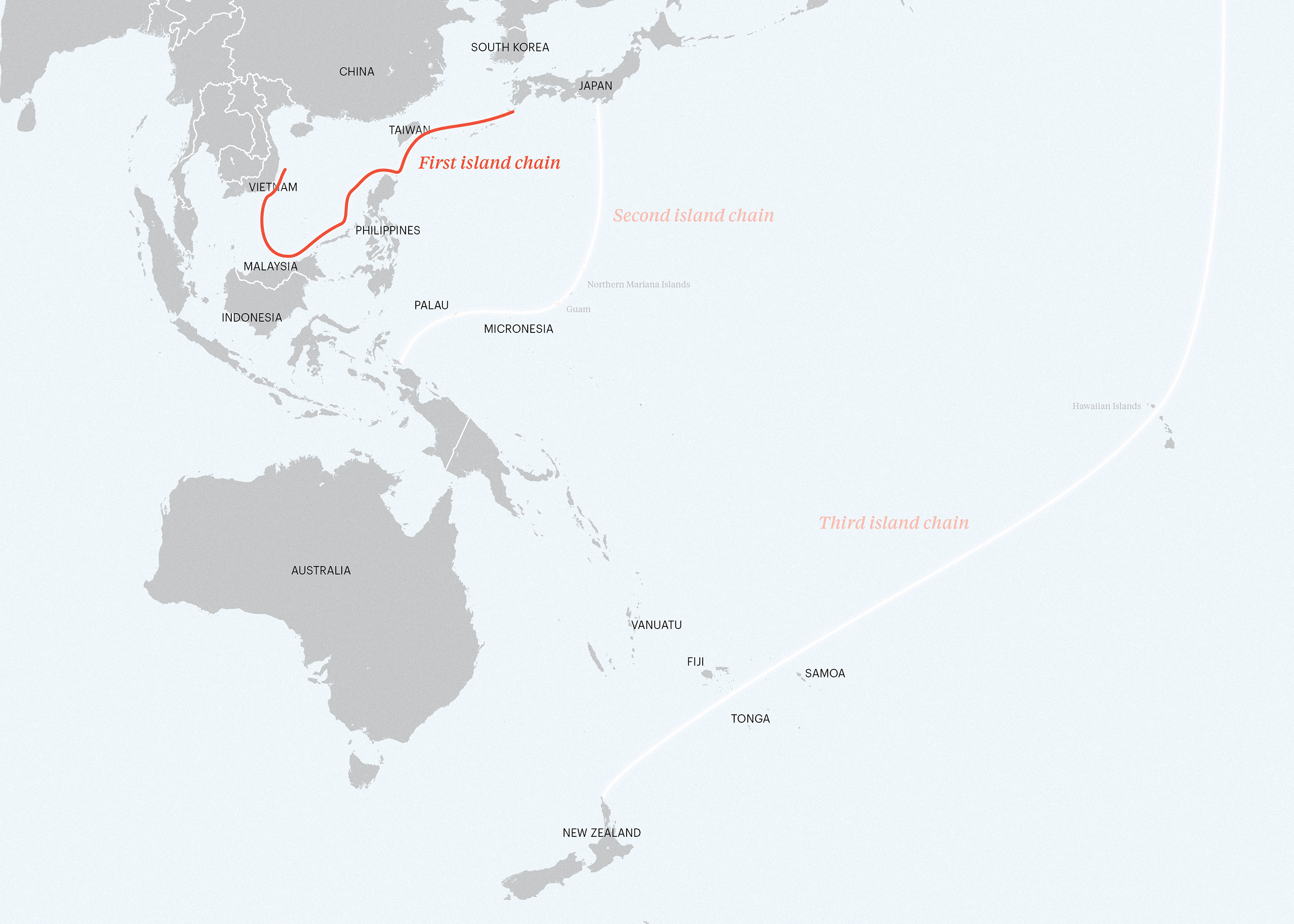 Map of Asia and Oceania, with the first, second and third island chains.